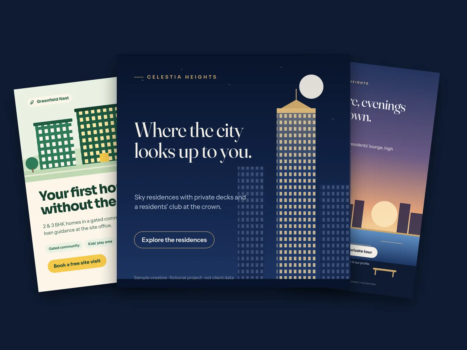 Three real estate social creatives fanned on a navy background: Greenfield Nest, Celestia Heights and a rooftop story.
