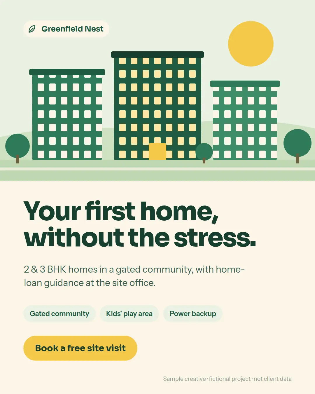 Portrait post for Greenfield Nest, a fictional affordable housing project: green apartment blocks and the headline “Your first home, without the stress.”