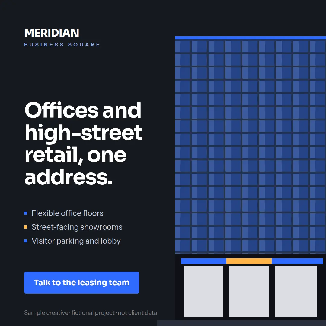 Square post for Meridian Business Square, a fictional commercial project: a blue glass office facade above street-level shops.