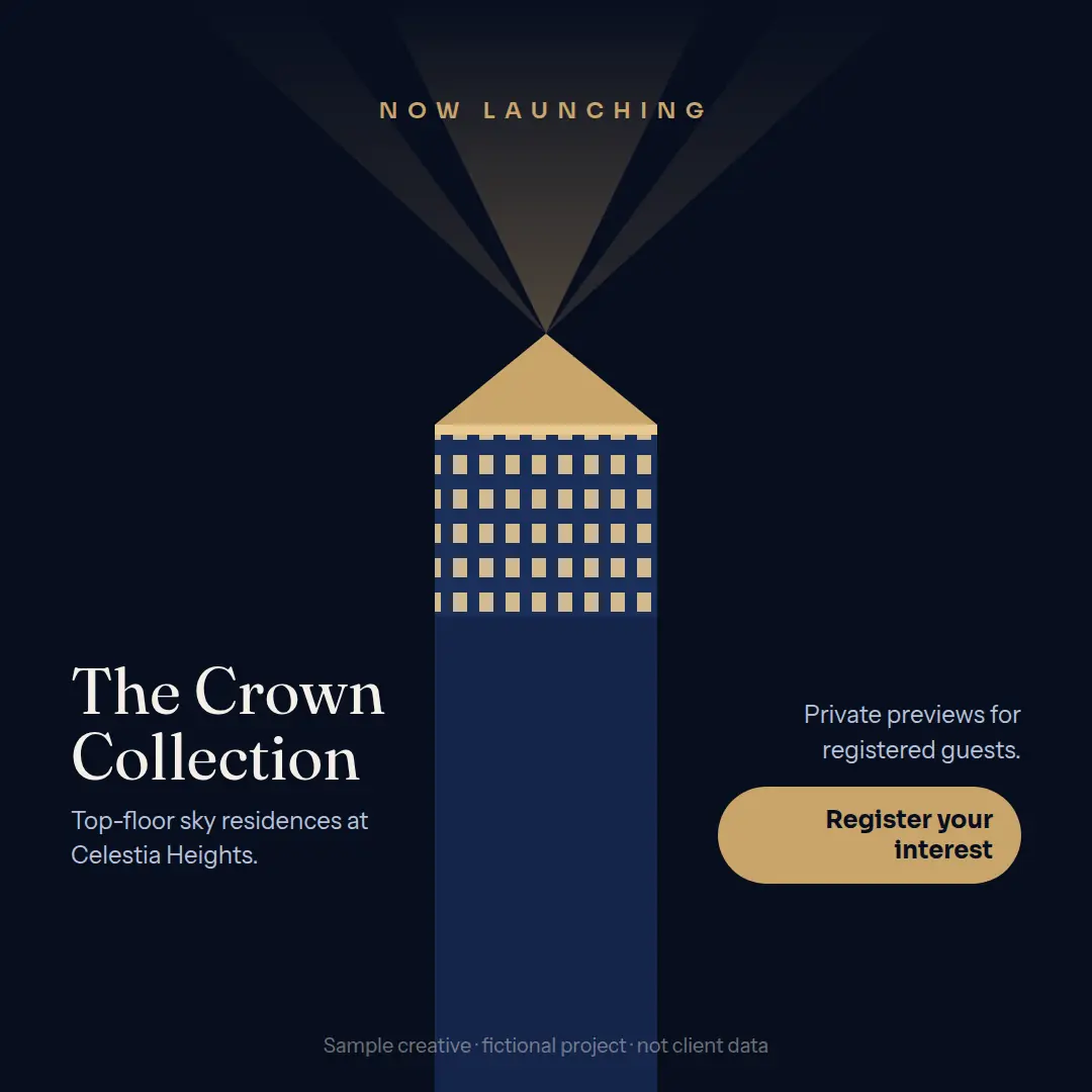Square launch teaser for The Crown Collection at Celestia Heights: light beams over the tower top and a “Register your interest” button.