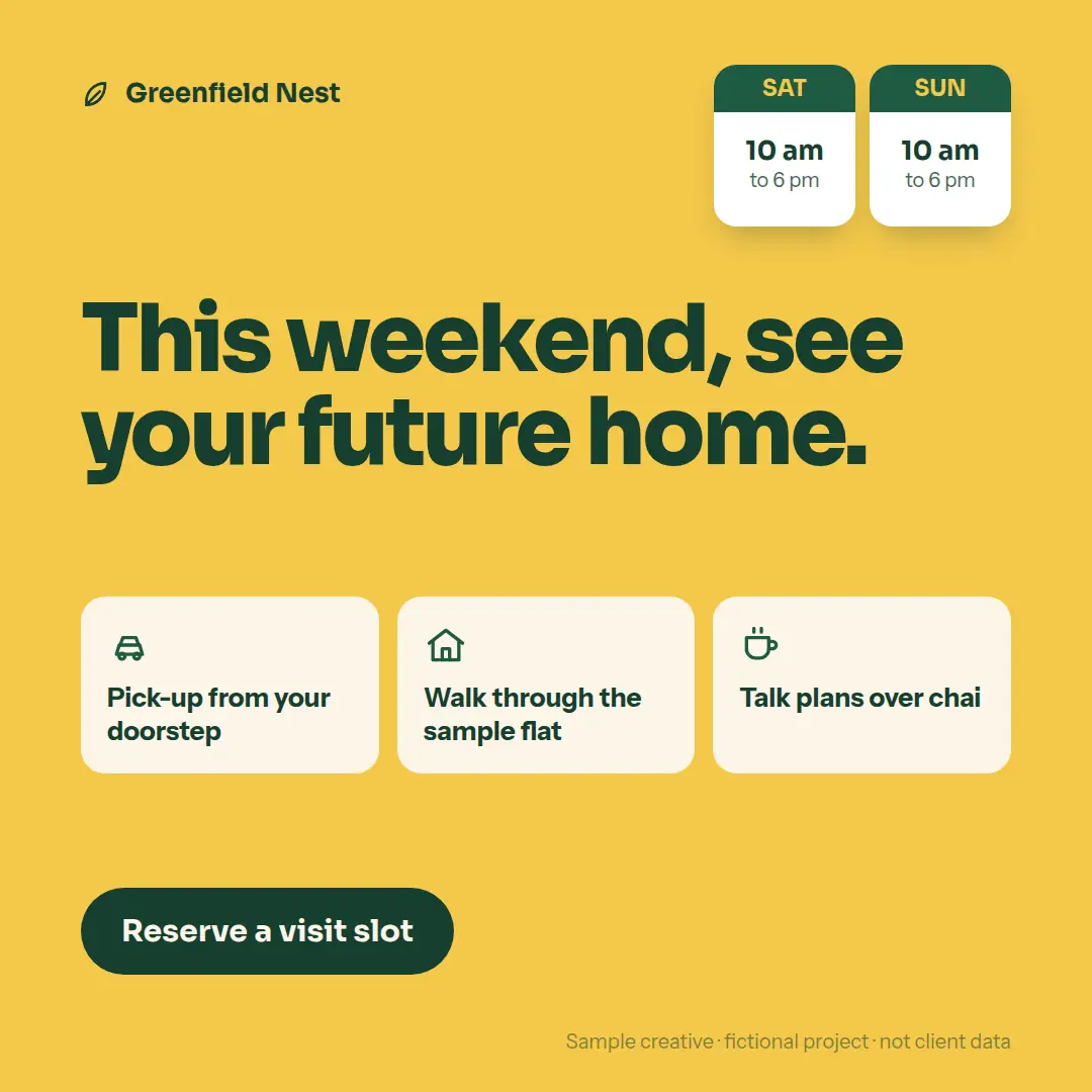 Square yellow ad for Greenfield Nest weekend site visits with Saturday and Sunday time cards and three visit benefits.