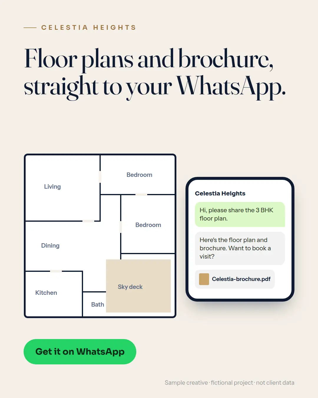 Portrait lead ad for Celestia Heights showing a floor plan next to a WhatsApp chat that sends the brochure.