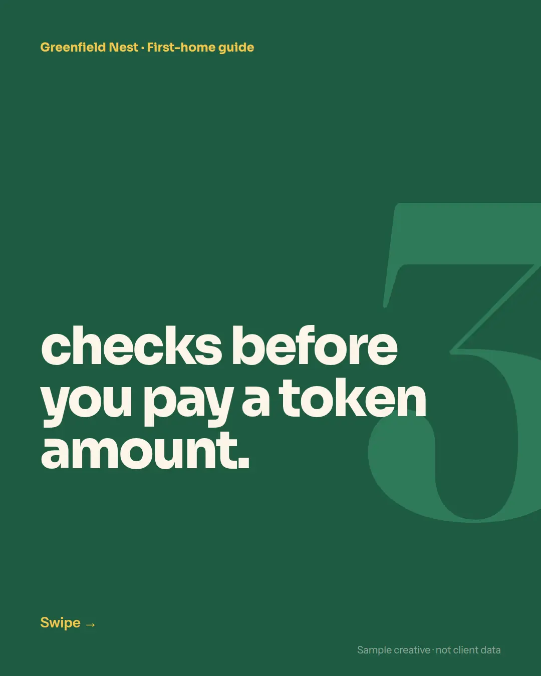 Carousel slide 1 for Greenfield Nest: “3 checks before you pay a token amount” on deep green.