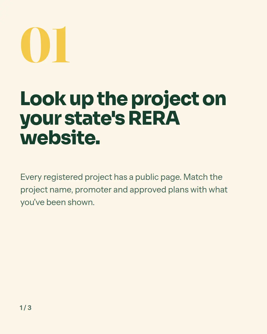 Carousel slide 2: check 01, look up the project on your state’s RERA website.