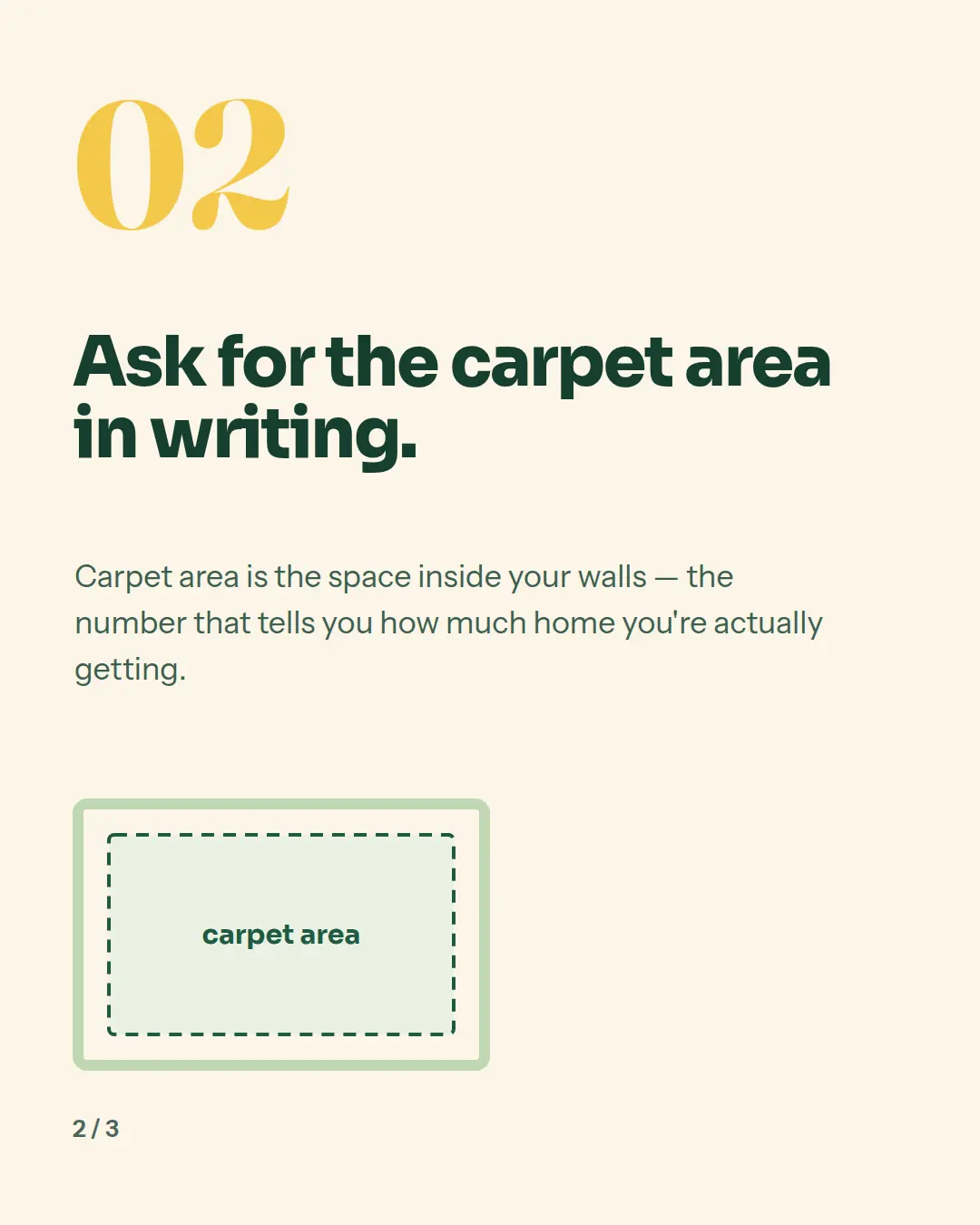 Carousel slide 3: check 02, ask for the carpet area in writing, with a simple carpet-area diagram.