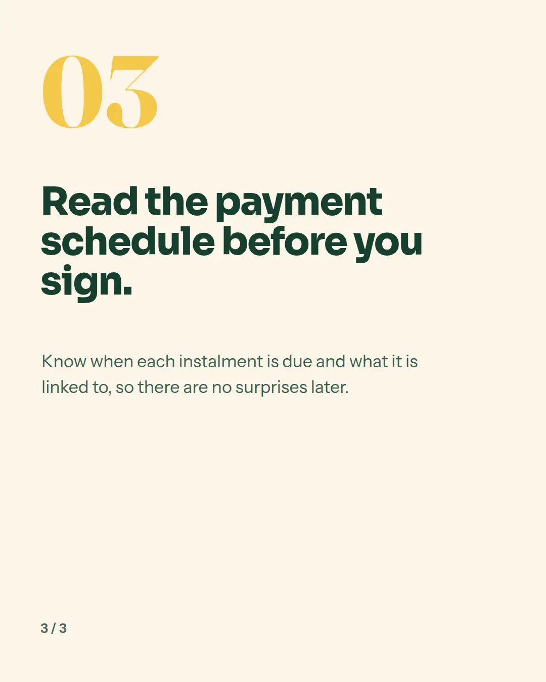Carousel slide 4: check 03, read the payment schedule before you sign.