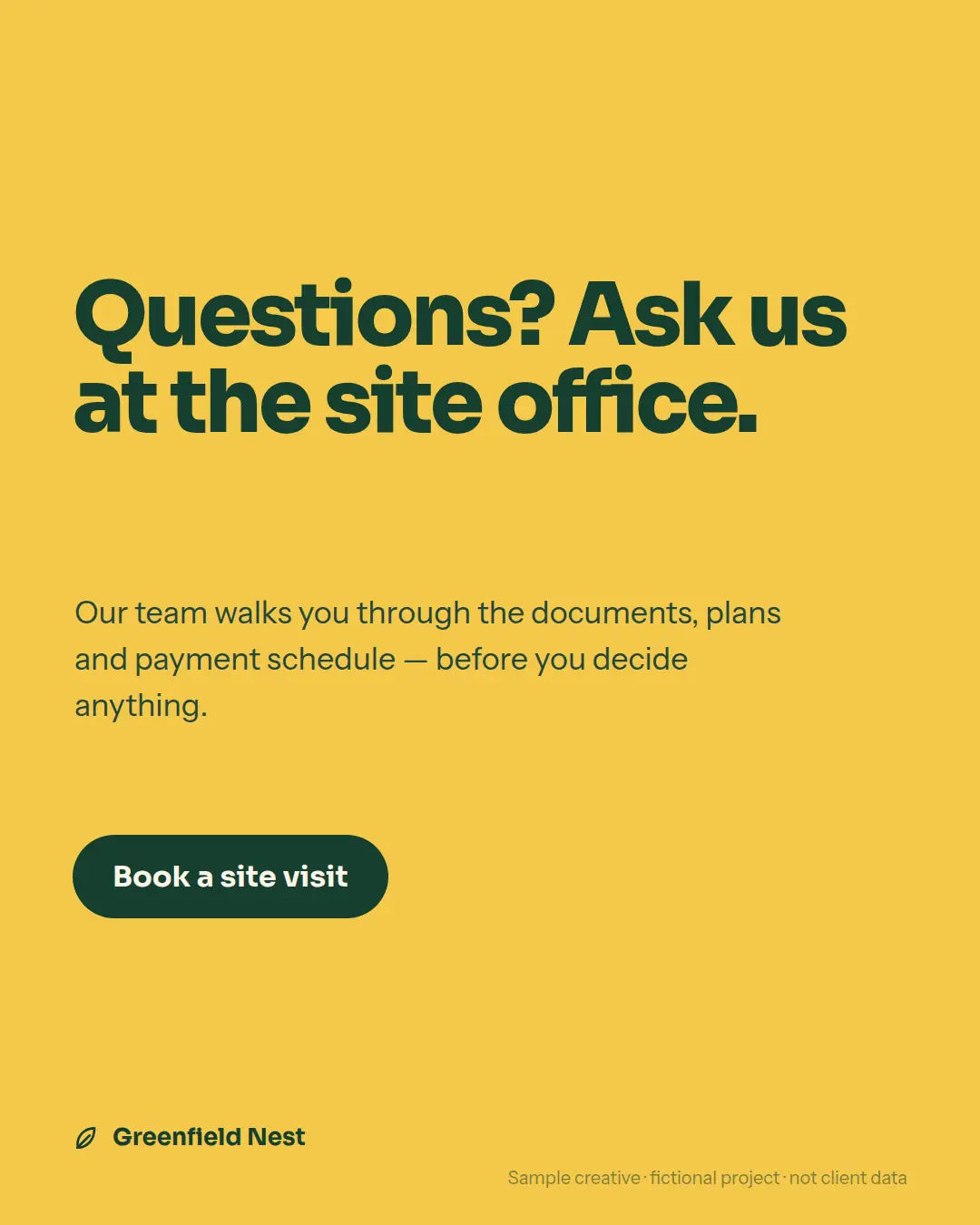 Carousel slide 5 on yellow: “Questions? Ask us at the site office” with a “Book a site visit” button.