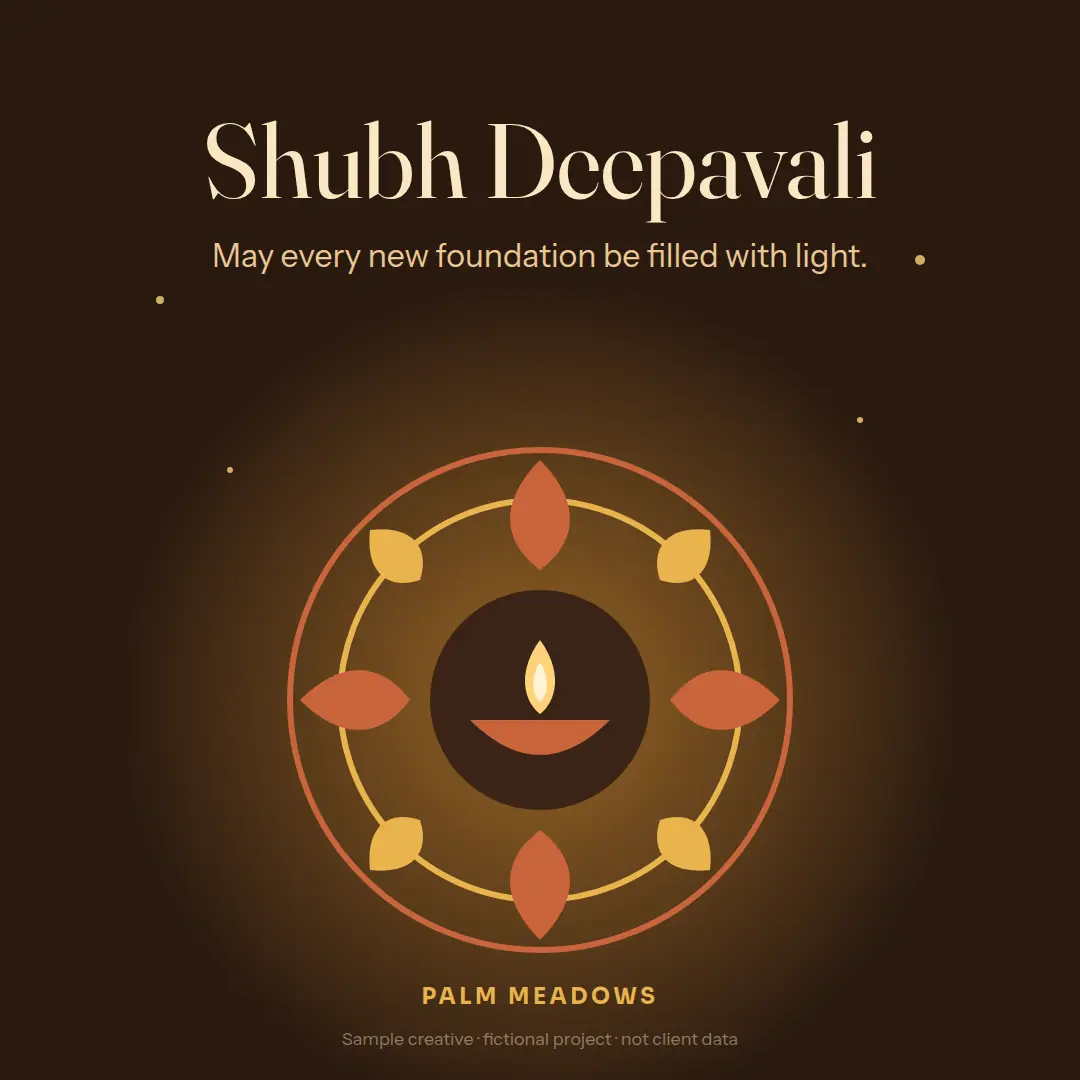 Square Deepavali greeting from Palm Meadows: a rangoli and diya illustration on dark brown with “Shubh Deepavali.”