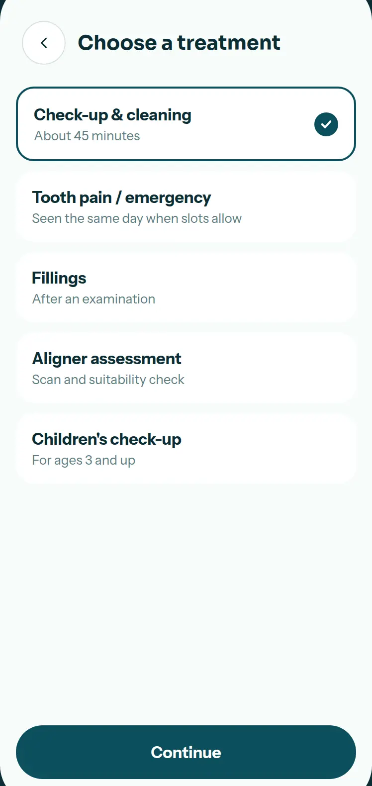 Choose a treatment screen with check-up and cleaning selected and a Continue button.