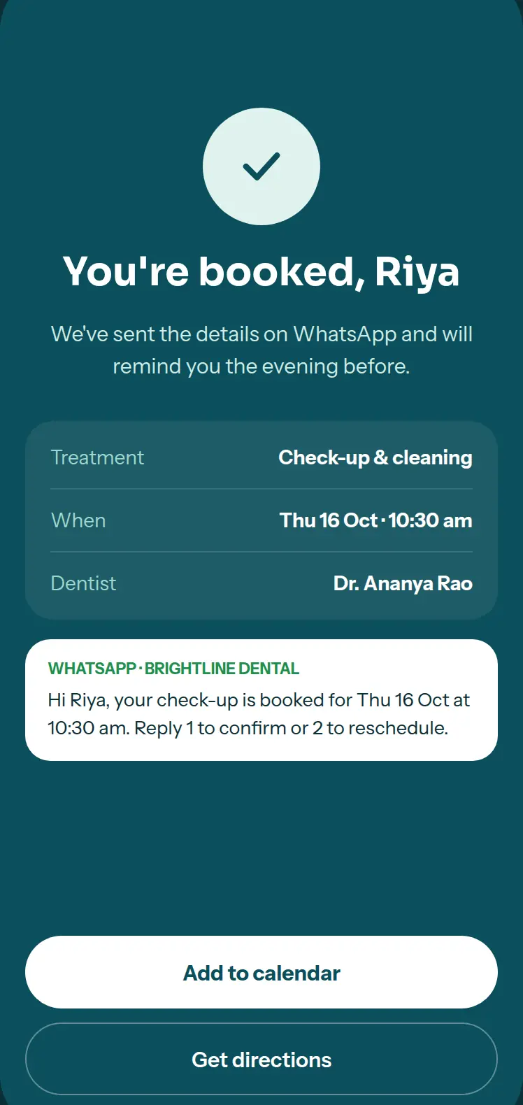 Booking confirmed screen with the visit details and the WhatsApp message sent to the patient.