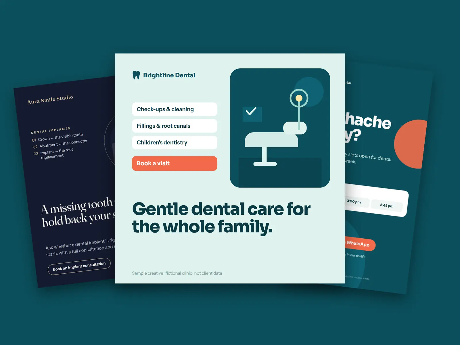Three dental social creatives fanned on a teal background: an implant post, a family clinic post and a toothache story.