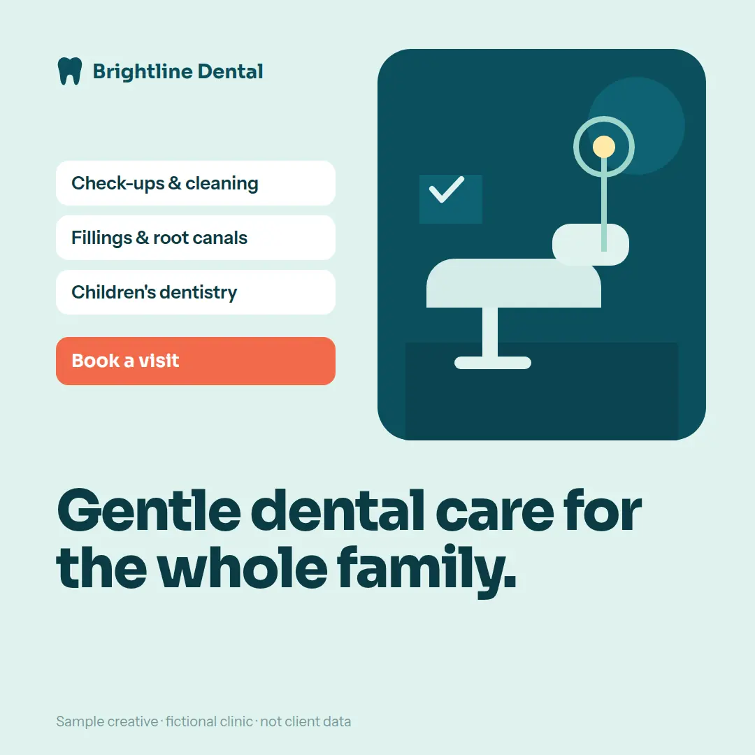 Square post for Brightline Dental, a fictional family clinic: a dental chair illustration, a list of services and the headline “Gentle dental care for the whole family.”