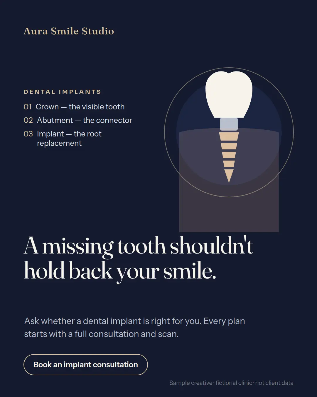 Portrait post for Aura Smile Studio, a fictional cosmetic clinic: a labelled implant diagram and the headline “A missing tooth shouldn’t hold back your smile.”