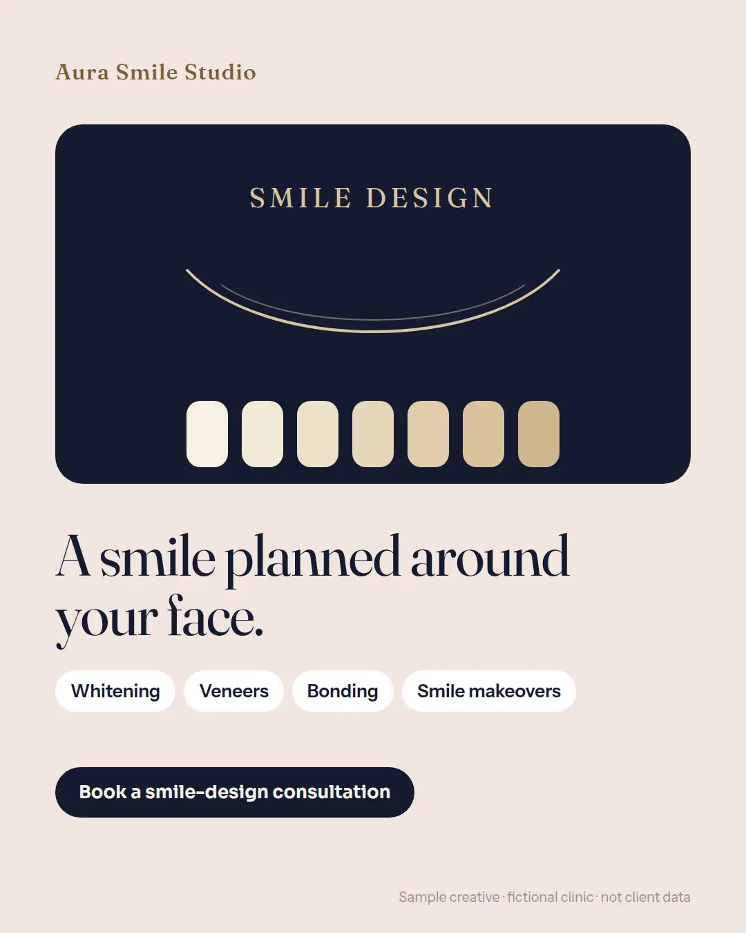 Portrait post for Aura Smile Studio: a smile-design card with shade tabs and the headline “A smile planned around your face.”