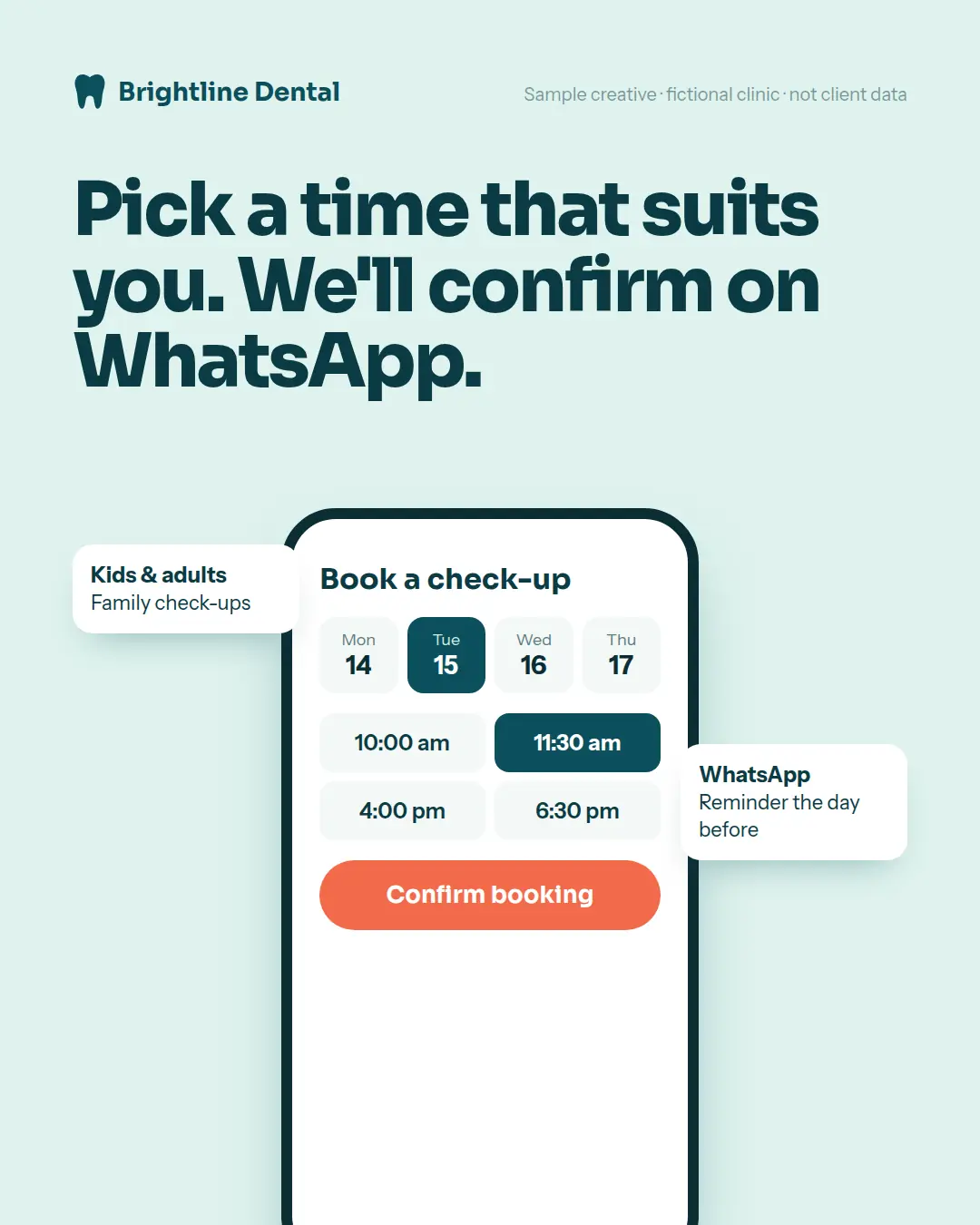 Portrait lead ad for Brightline Dental showing a phone booking screen with time slots and a WhatsApp reminder.