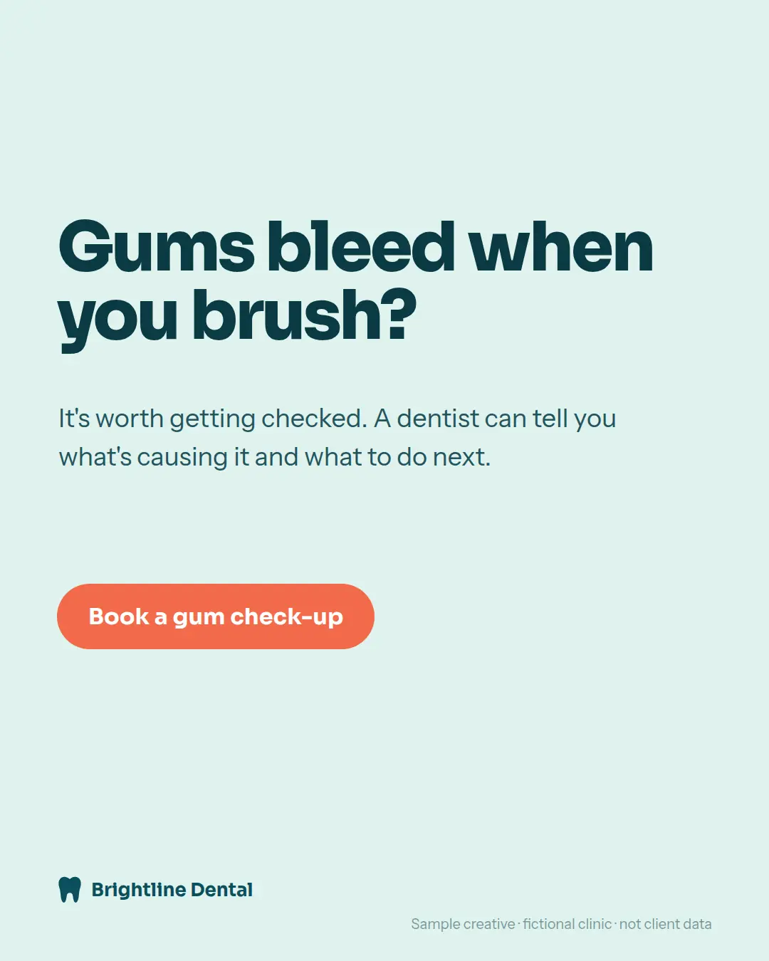 Carousel slide 5: “Gums bleed when you brush?” with a “Book a gum check-up” button.