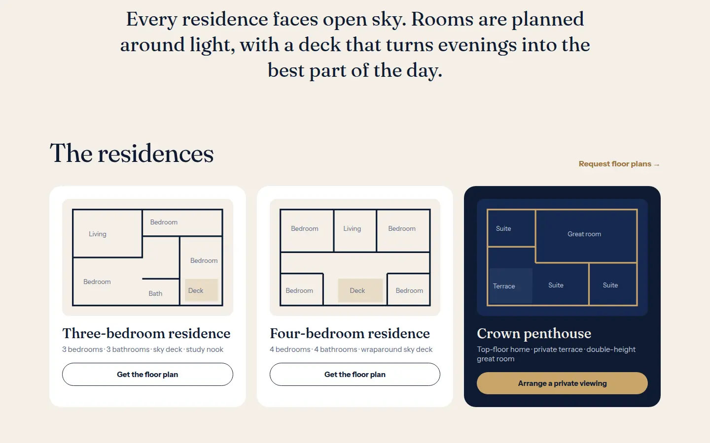 Residences section showing three-bedroom, four-bedroom and penthouse cards with floor plan drawings.