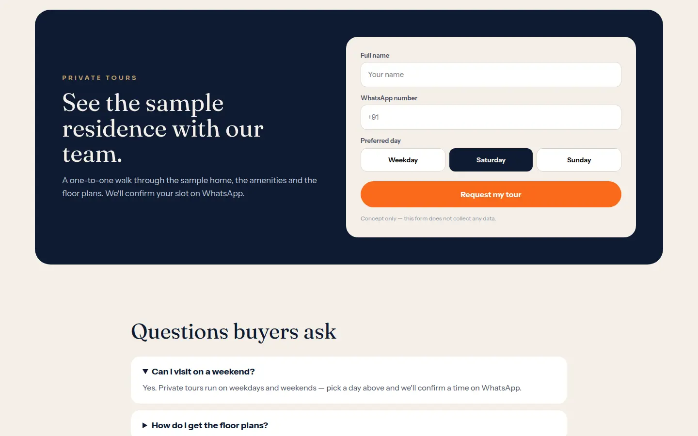 Private-tour section with a short form for name, WhatsApp number and preferred day, followed by the FAQ.