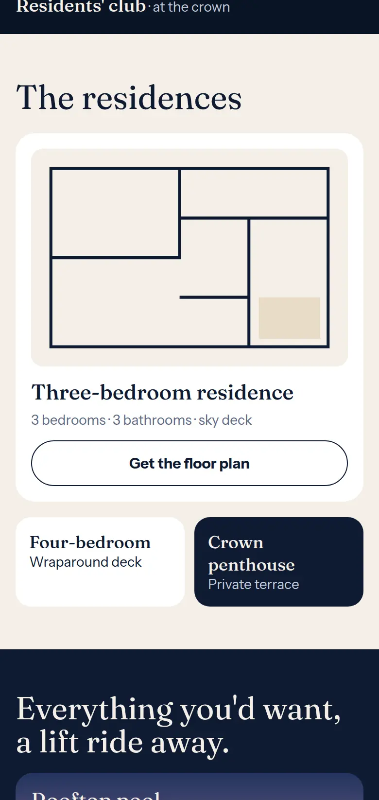 Mobile residences section with a floor plan card and a penthouse card.