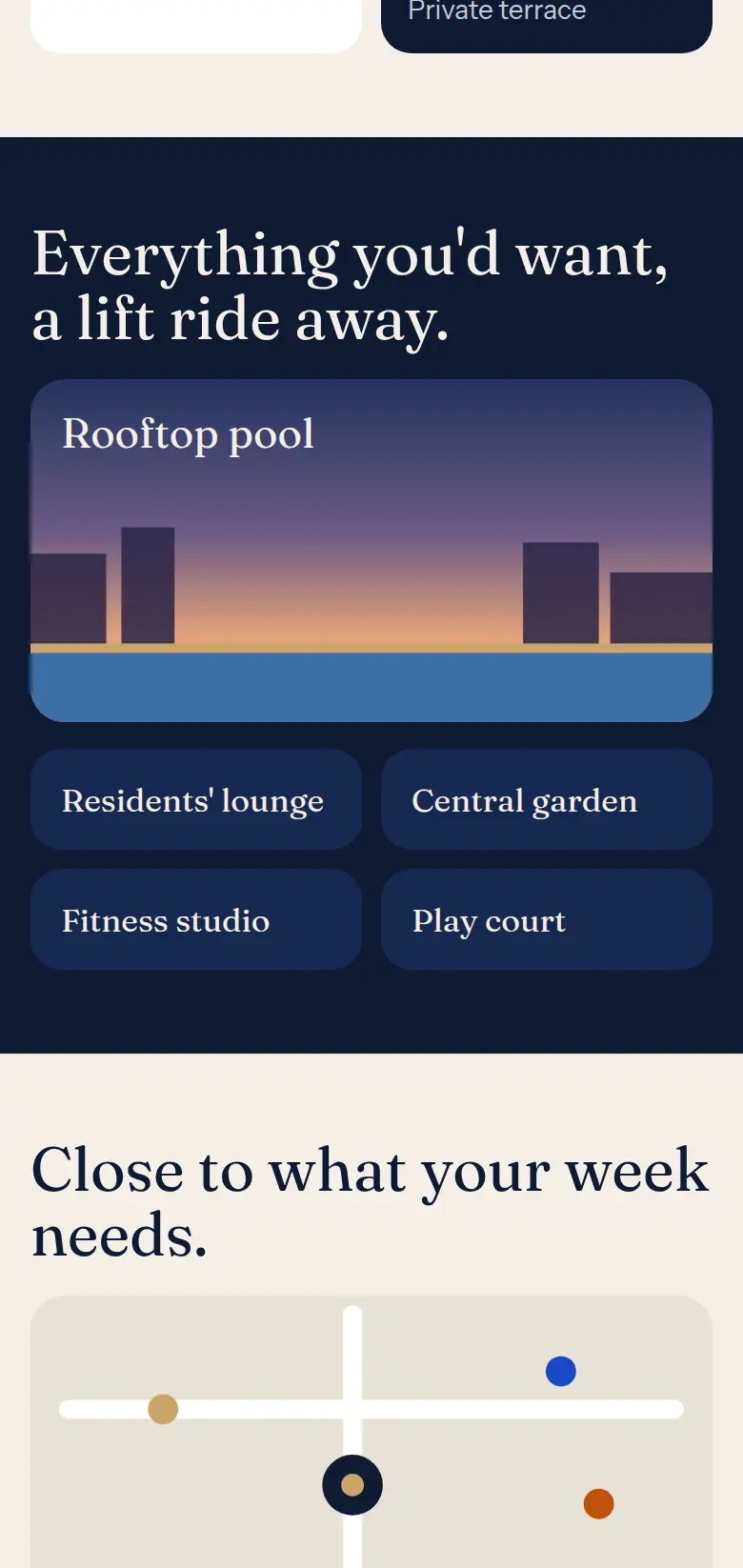 Mobile amenities section with the rooftop pool illustration and amenity tiles.