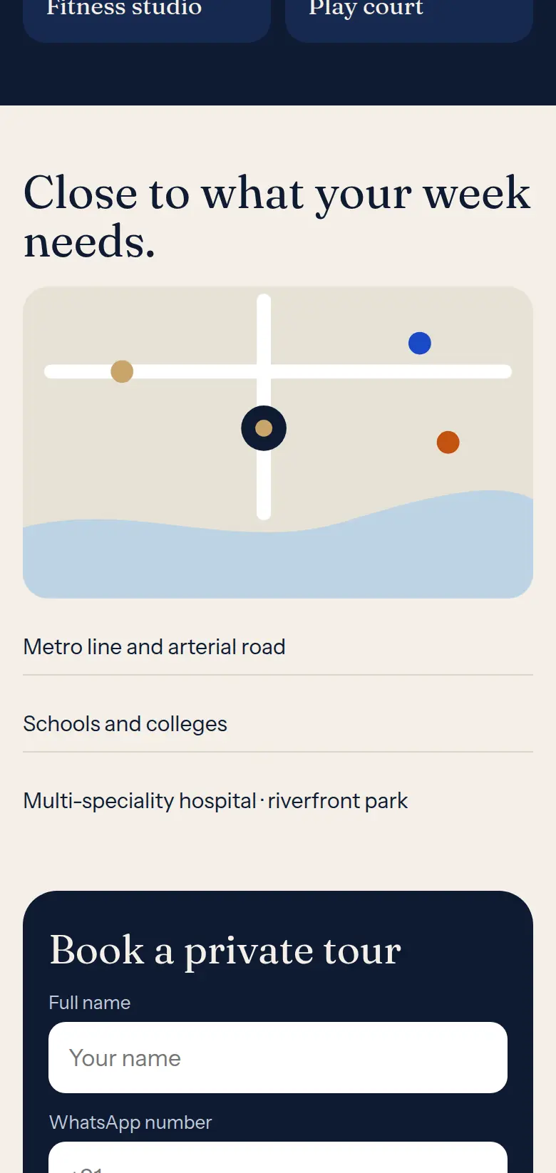 Mobile location section with the illustrated map and nearby essentials.