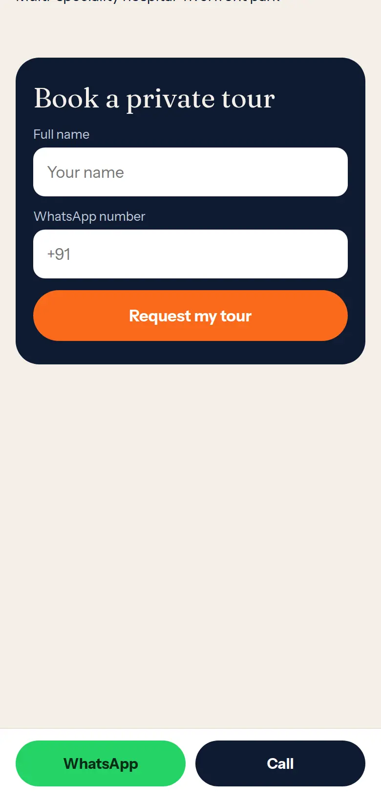 Mobile private-tour form with the sticky WhatsApp and Call bar at the bottom.